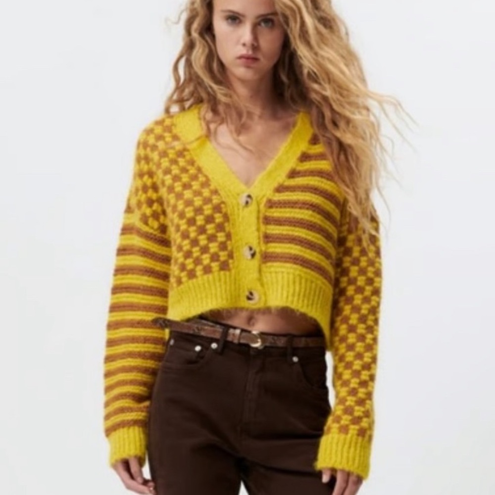 ZARA Bloggers Fav Jacquard Combination Chunky Cropped Cardigan Knit - Picture 1 of 11